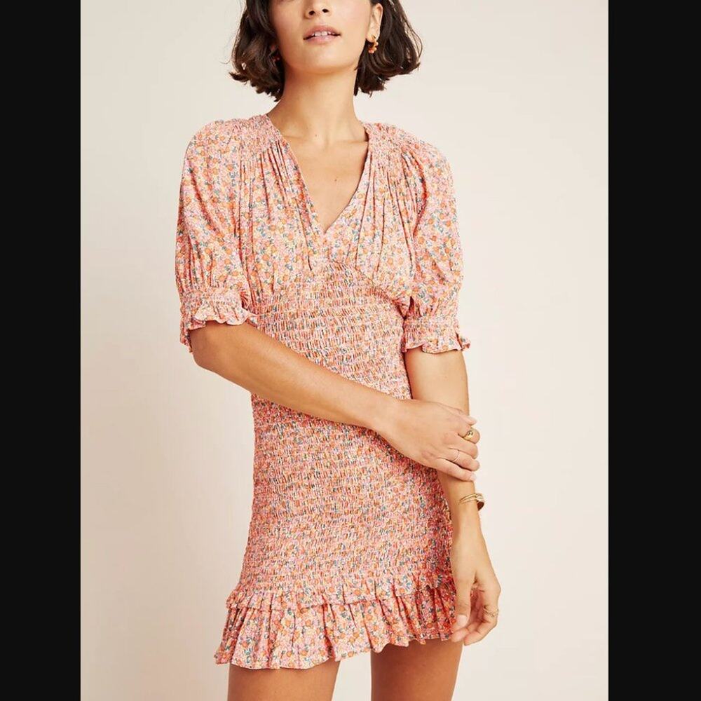 Faithful The Brand Margherita Floral Smocked Mini Dress Short Sleeve Orange Pink